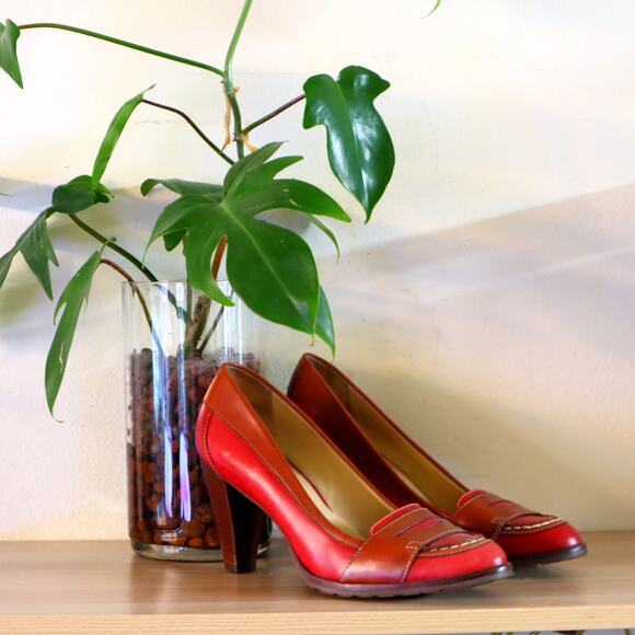 Women's Cole Haan x Nike Air Red & Brown Leather Penny Loafer Heels Size 9 - Picture 1 of 7